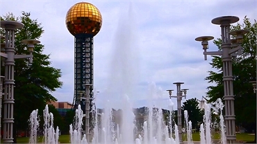 World's Fair Park fountains and Sunsphere 6 miles to the northeast of Knoxville dentist Robert M. Ke