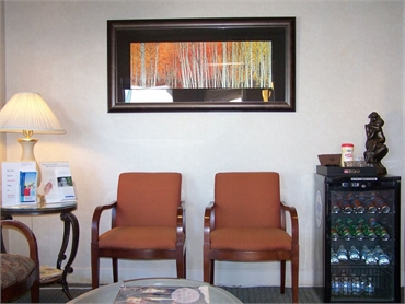 Spacious waiting area and refreshments at San Bruno Center for Dental Medicine