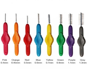 Interdental brushes are used to clean the gaps in between teeth. They come in different colors and sizes.