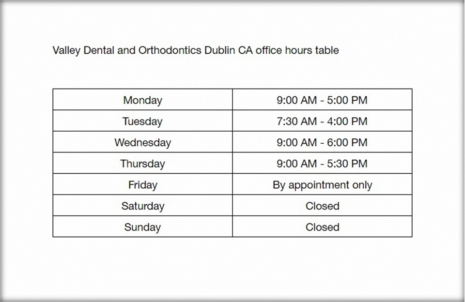 Valley Dental and Orthodontics Dublin CA office hours table