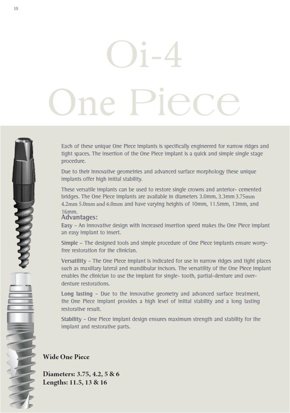 Each of these unique One Piece implants is specifically engineered for narrow ridges and tight spaces.