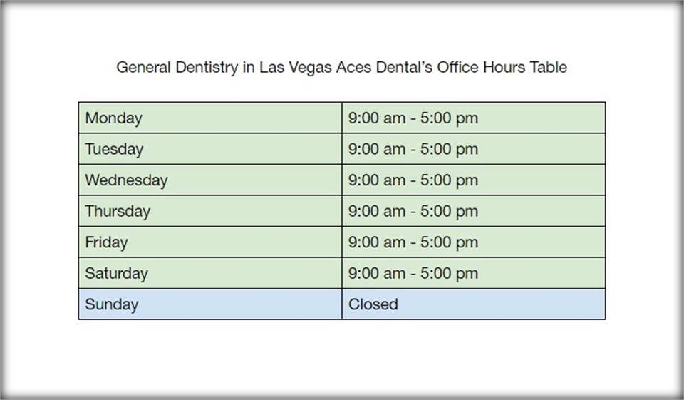 General Dentistry in Las Vegas Ace Dentals Office Hours Table