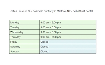 Office hours at 54th Street Dental just 1.8 miles to the north of Prism at Park Avenue South Apartme
