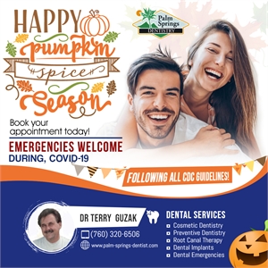 
Happy Pumpkin Spice Season! Fall is here! from Dr. Terry J. Guzak & entire team at Palm Springs Dentistry.
