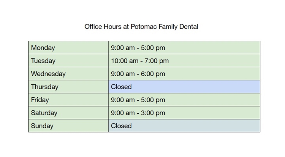 Office Hours at Potomac Family Dental Woodbridge VA 22192