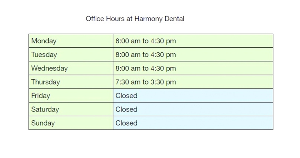 Office hours at Eugene dentist Harmony Dental Dentagama