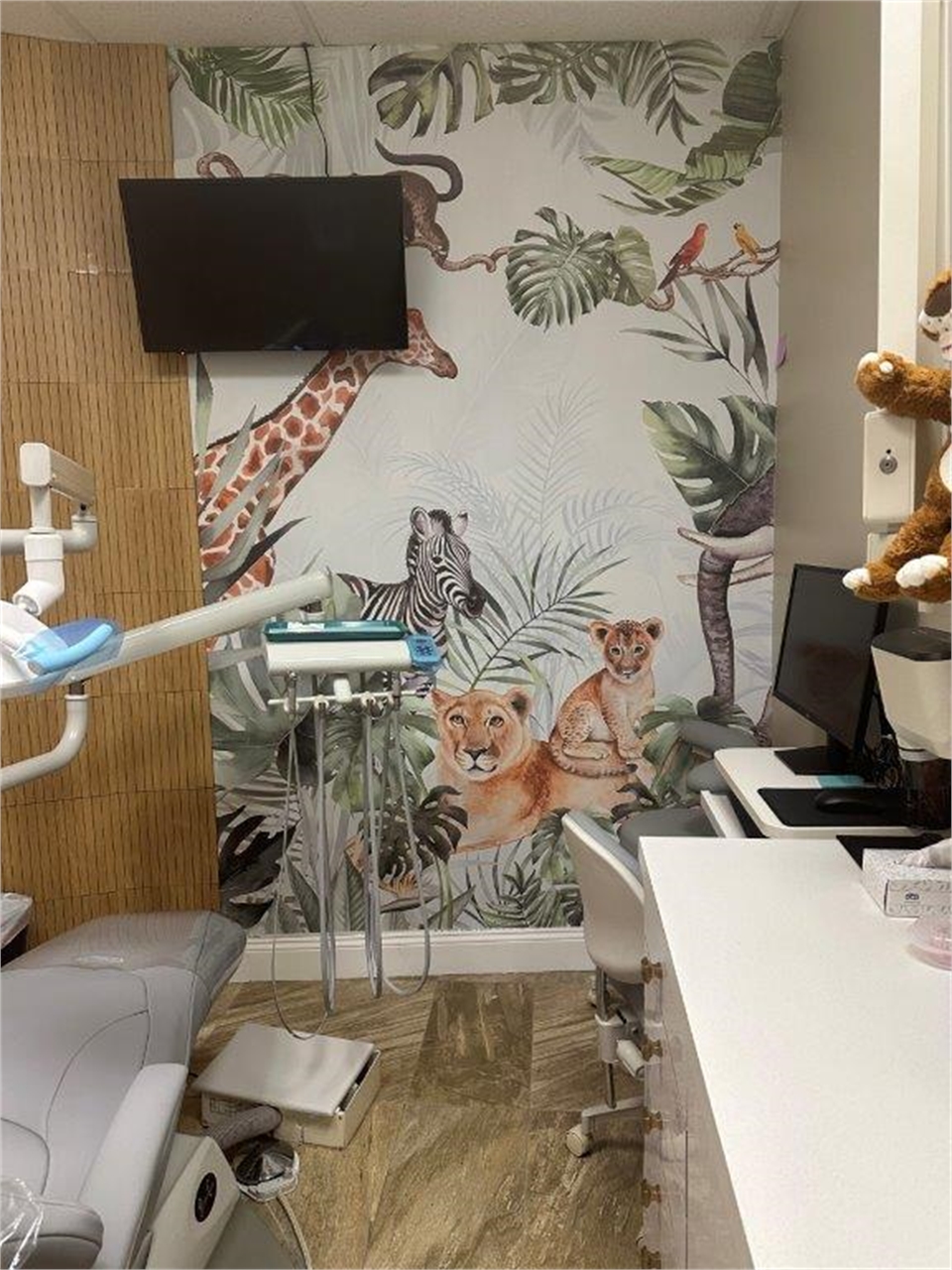 Jungle themed wall paper and ambience in the operatory at First Street Smiles Hackensack NJ