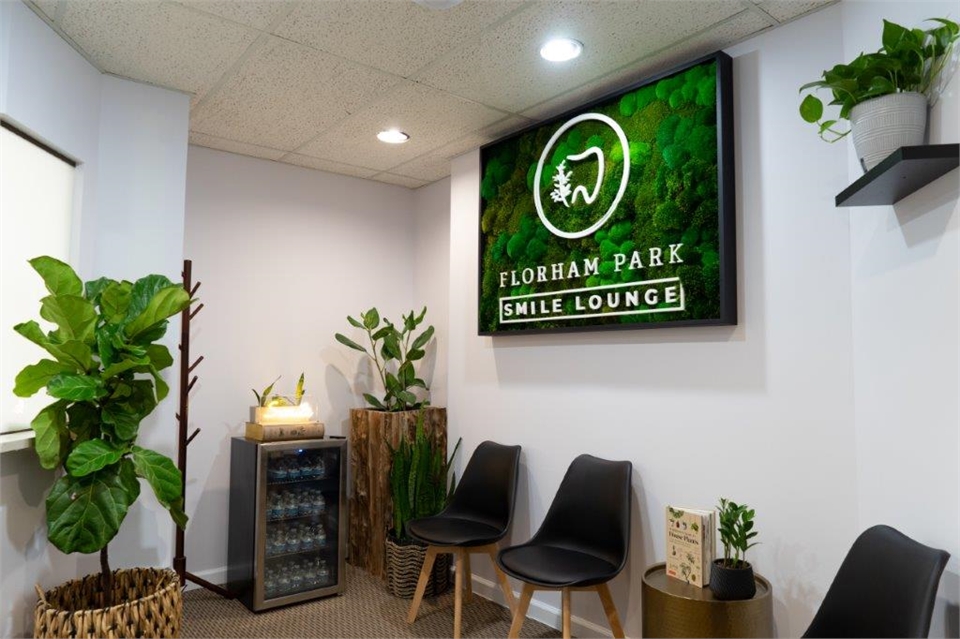 Refreshment section and waiting area at Florham Park Smile Lounge