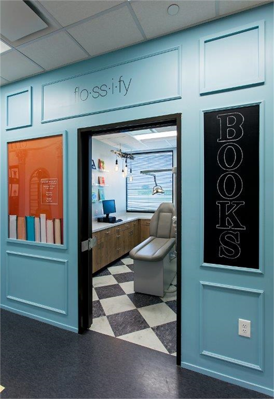 Book store themed entrance to the operatory at Dripping Springs