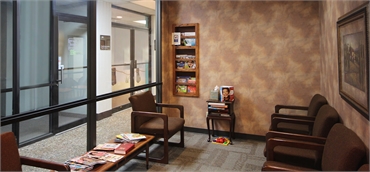 Waiting area and mini-library at Richardson dentist Meredith G. Davis DDS