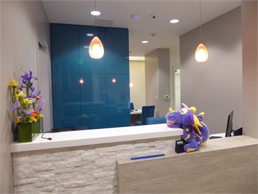 Front desk designed to make children and parents feel welcome