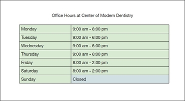 Office Hours at Center of Modern Dentistry Rancho Cucamonga CA 91730