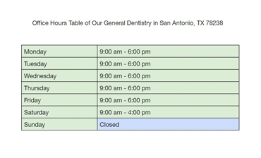 Office Hours Table of Our General Dentistry in San Antonio TX 78238