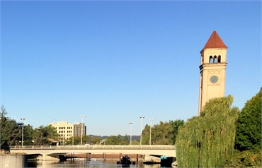 The Great Northern Clocktower viewed from Spokane River just 13 minutes drive to the south of Cascad