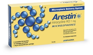 Arestin package - medication applied in periodontal pockets to treat gum disease