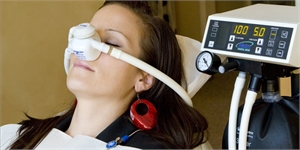 Patient is having a mixture of oxygen and nitrous oxide (laughing gas) to remove anxiety