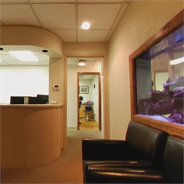 Acquarium reception waiting area and hallway at Hampden Family Dental Denver CO 80224