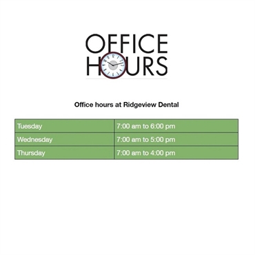 Office hours at Centennial CO dentist Ridgeview Dental