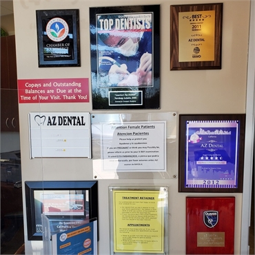 Awards and recognition display at AZ Dental - San Jose
