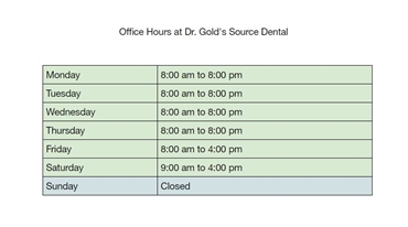 Office hours at Oshawa dentist Dr. Gold's Source Dental
