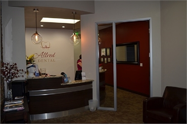 Front desk and waiting area at San Marcos dentist Allred Dental