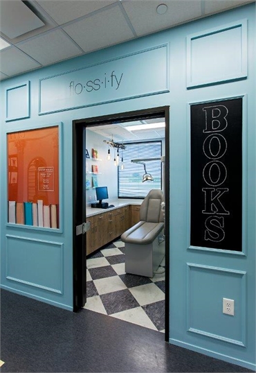 Book store themed entrance to the operatory at Dripping Springs orthodontist and pediatric dentist S